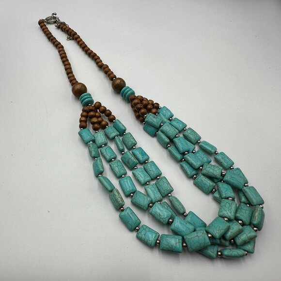 Faux Turquoise Beaded Necklace Wood Beads Multi Strand Statement Boho Western - Picture 6 of 11